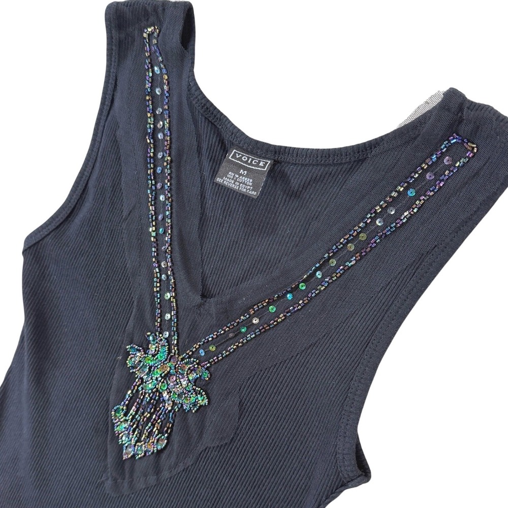 Y2k Fairy Beaded Tank Top VTG Women Medium Black Ribbed Cotton V-Neck Whimsigoth
